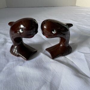Vintage 1970s Dark Brown Whale Salt & Pepper Shakers 3" Retro Ceramic